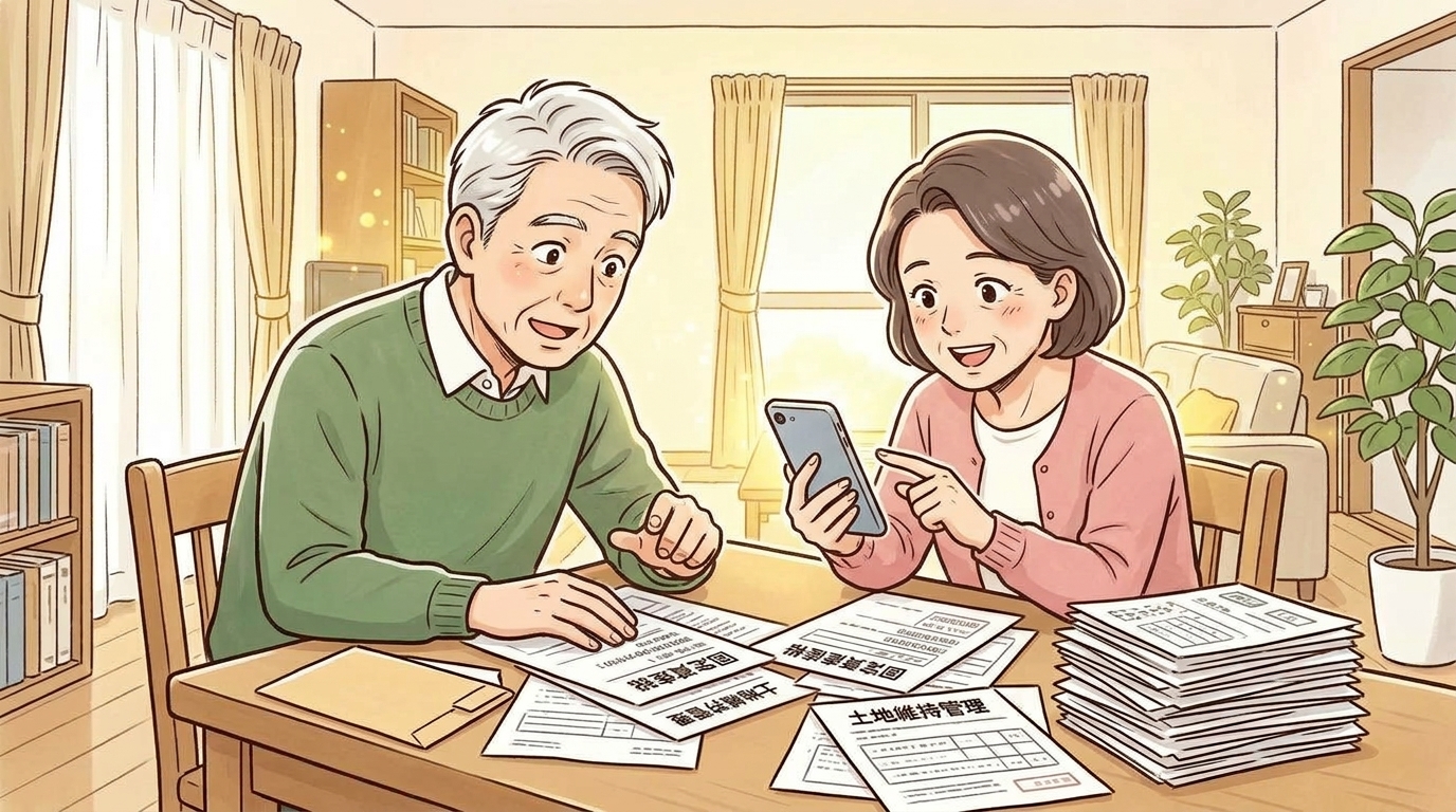 第3コマ：スマホで負動産ポスト.jpを見つけて喜ぶ夫婦