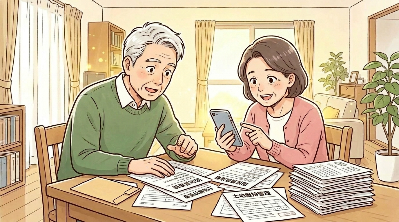 第4コマ：笑顔でスマホの30秒診断をタップする夫婦